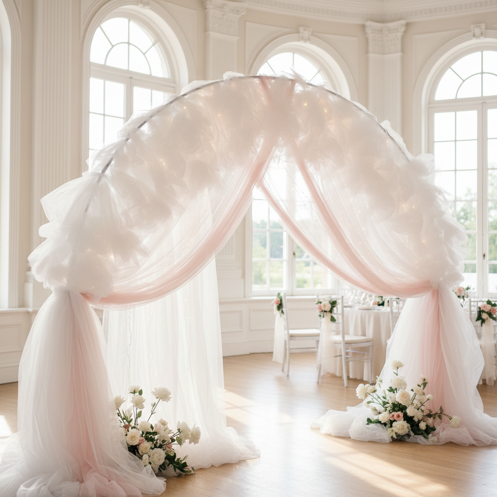 DIY Tulle Fabric Roll Wedding Backdrop Ideas That Go Beyond the Basic Gather-and-Hang Approach