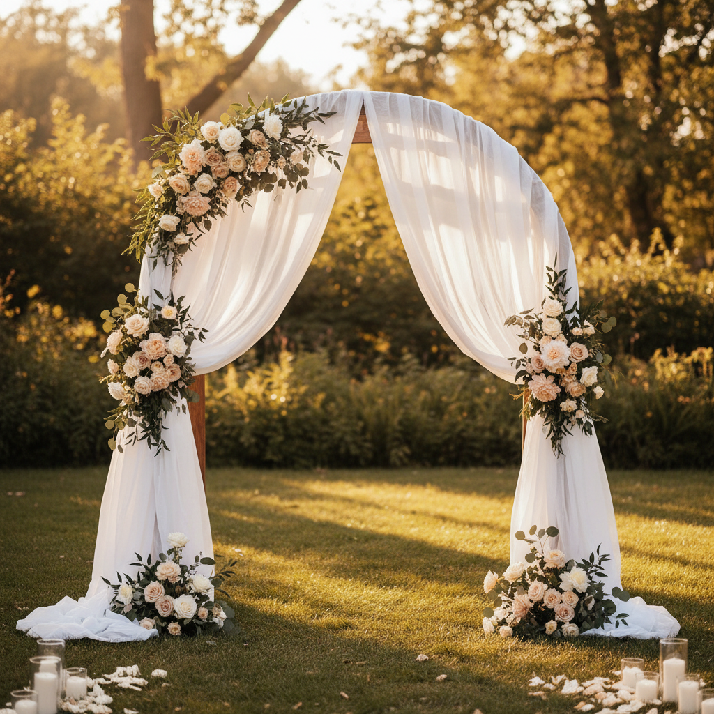 Matching Sheer Wedding Arch Draping Fabric to Your Outdoor Ceremony: A Practical Texture and Weather Guide for Garden Weddings, Beachside Vows, and Rustic Barn Celebrations