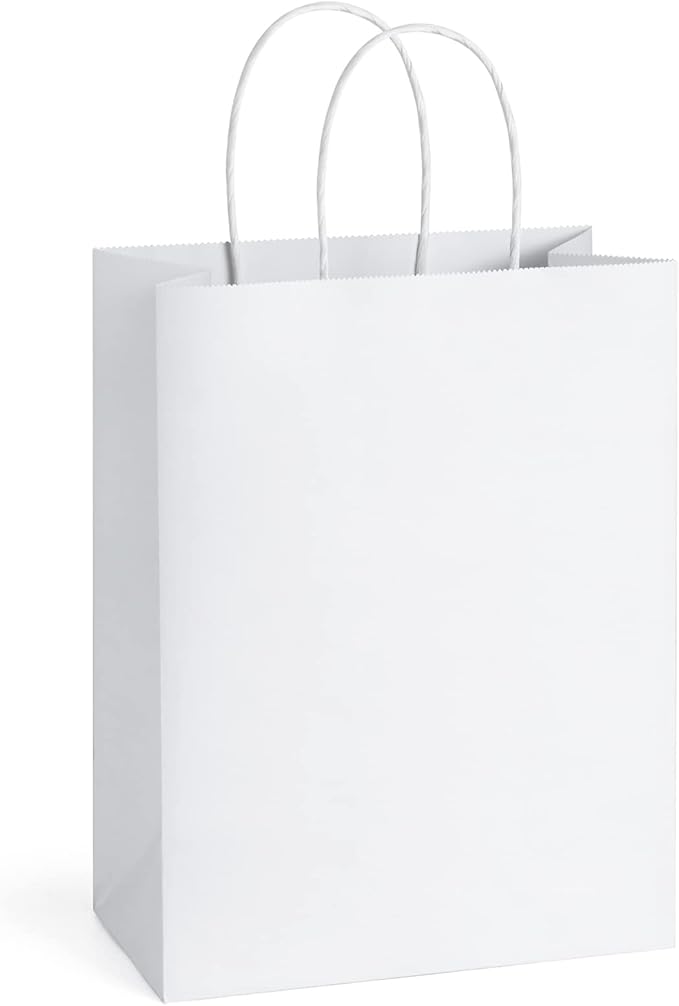 BagDream 50Pcs Gift Bags 8x4.25x10.5 Kraft Paper Gift Bags with Handles Bulk for Shopping, Wedding, Party Favor, Merchandise, Retail, White Paper Grocery Sacks