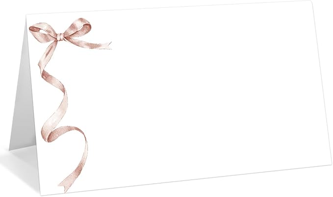25 Pack Pink Bow Place Cards, Editable Name Cards for Table Setting, Tent Cards Food Label for Dinner Party, Bridal Shower, Wedding, Baby Shower and Events -T28