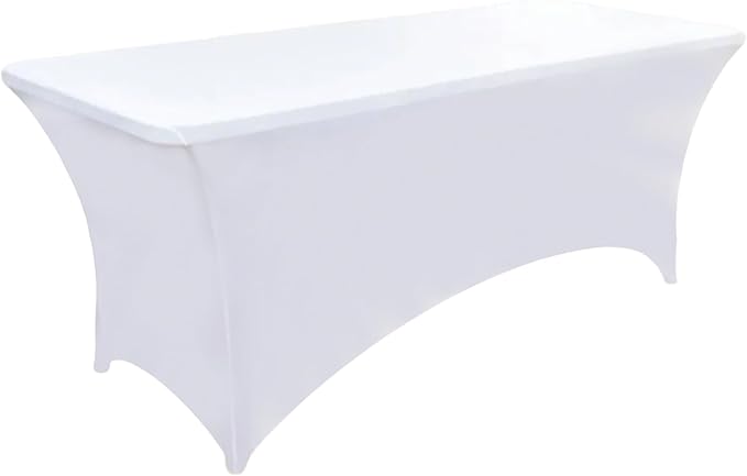 10-Pack 8ft White Spandex Table Covers for Rectangle Folding Tables - Washable Elastic Tablecloth - Ultimate Fitted Table Protector for Parties, Trade Shows, Banquet, and Wedding