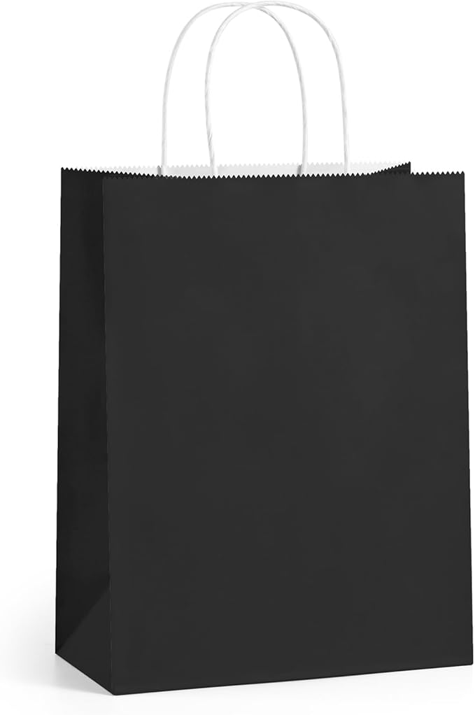 Gift Bags with Handles, 100 Count Black Paper, 8 x 4.25 x 10.5 Inches
