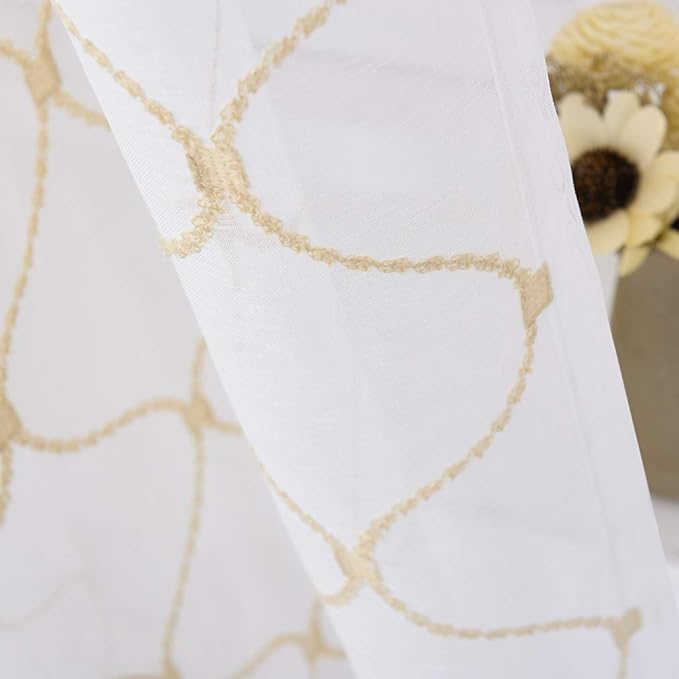 Sheer Curtains Gold 45 Inches, Embroidered Wave Diamond Rod Pocket Voile Drapes for Living room, Bedroom, Window Treatments Semi Curtain Panels for Yard, Patio, Villa, Parlor, Set of 2, 52"x 45".