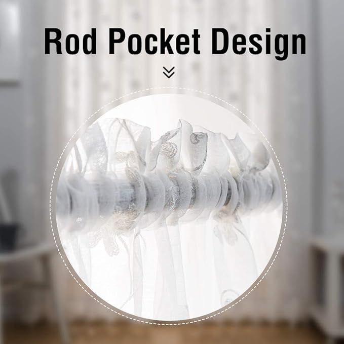 Sheer Curtains White 95 Inches Embroidered Floral, Window Treatments Rod Pocket Drapes for Living room, Bedroom, Semi Crinkle Voile Curtain Panels for Yard, Patio, Villa, Parlor, Set of 2, 52"x95".
