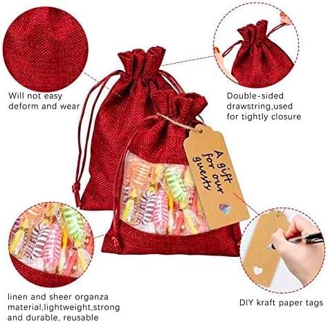 Gift Bags, 50 Pack Red Linen Sheer Organza, 4x6 Inch with Drawstring