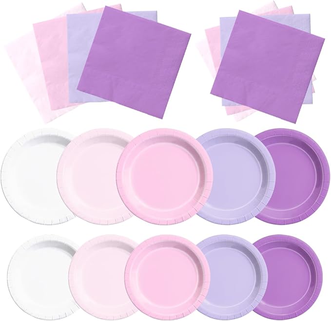 Disposable Paper Party Plates and Napkins, 150 Pcs Pink and Purple Set
