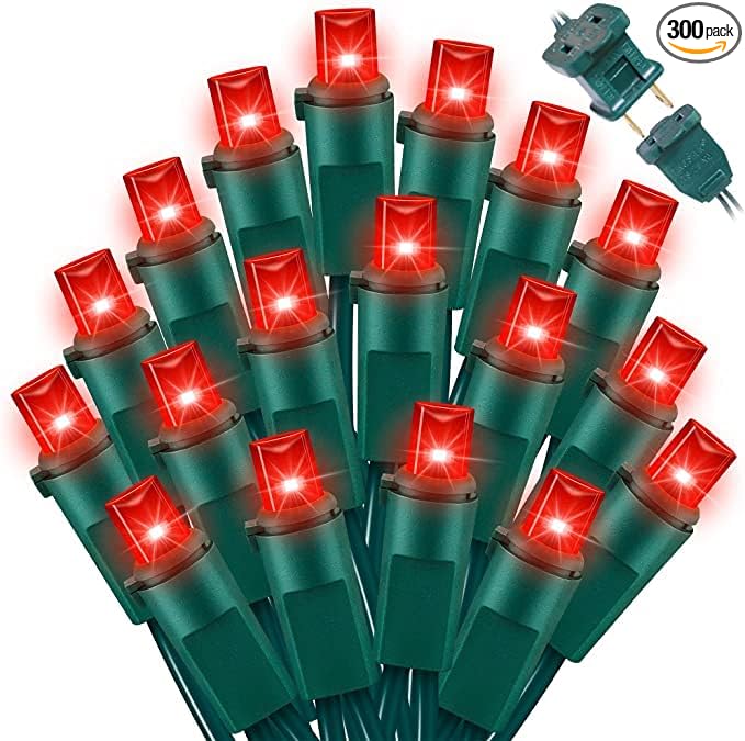 String Lights 64.8 ft Red LED Outdoor, 300 Bulbs, Green Wire