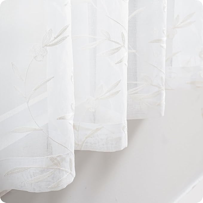 White Sheer Curtains Embroidery 72 Inch Length Rod Pocket Voile Drapes for Living room, Bedroom, Outdoor, Nursery Curtain Semi Flower Curtain Panels for Baby, Womaen, Garden, Lawn, Set of 2, 52"x 72".