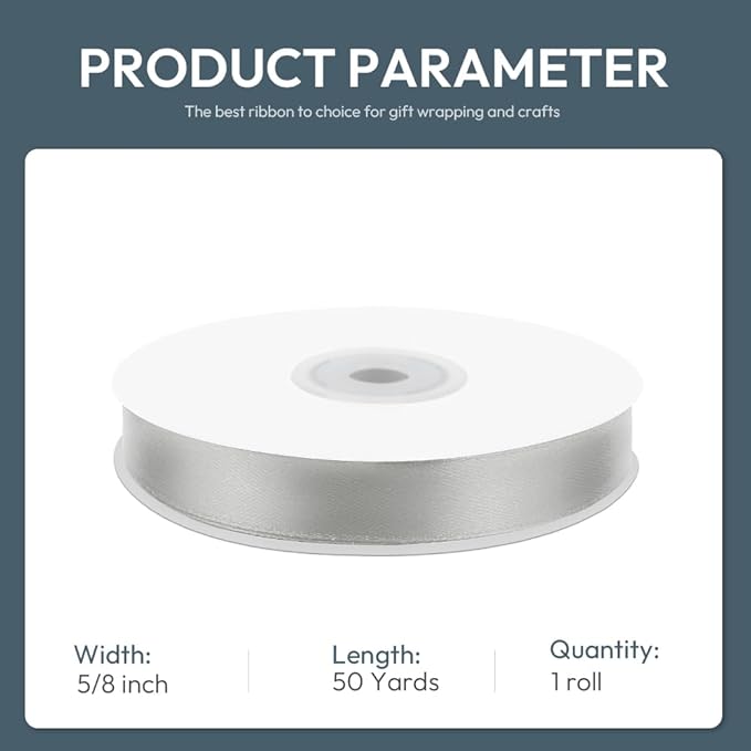 KMER LIFE 5/8" Wide x 50 Yards Silvery Single Faced Polyester Satin Ribbon, Silvery Satin Ribbon Perfect for Wedding Decor, Wreath, Crafts, Gift Wrapping & Other Projects (Silvery)