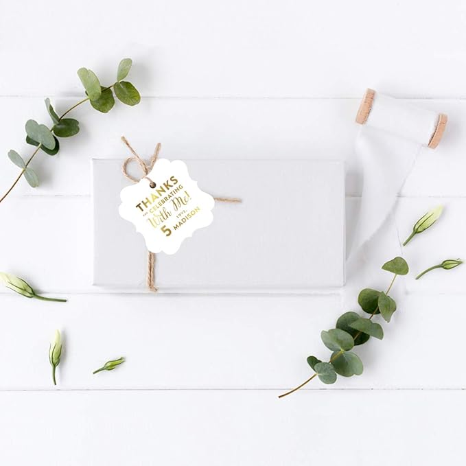 Andaz Press Personalized Fancy Frame Square Birthday Gift Tags, Metallic Gold Ink, Thanks for Celebrating with Me with Age, 24-Pack, Custom Made Name Age, Gold Decorations