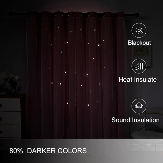 FANLI 2 Panels Star Blackout Curtains for Kid Girls Bedroom Living Room Darking Stripe Double Layer Star Cut Out Wall Home Decor Gradient Grommet Window Curtains (Pink 72L)