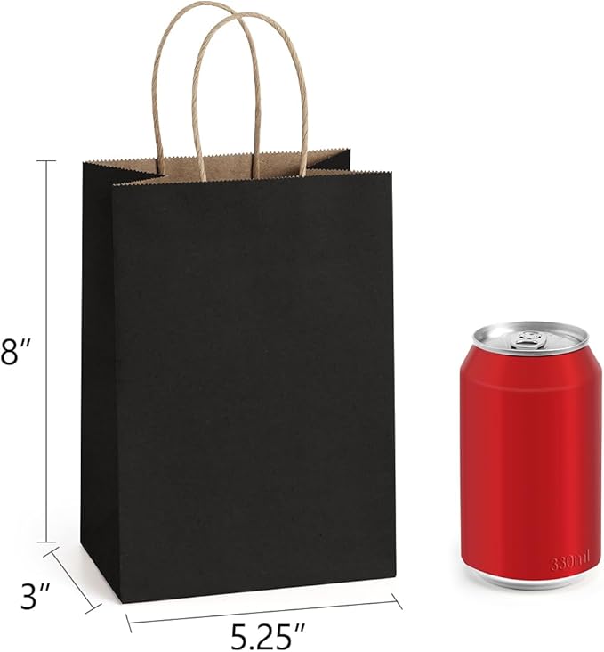 Small Black Paper Gift Bags, 150 Count, 5.25 x 3 x 8 Inch with Handles
