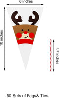 6x10 Inches Reindeer Print Cone Shaped Treat Bags with Ties, 50Pcs