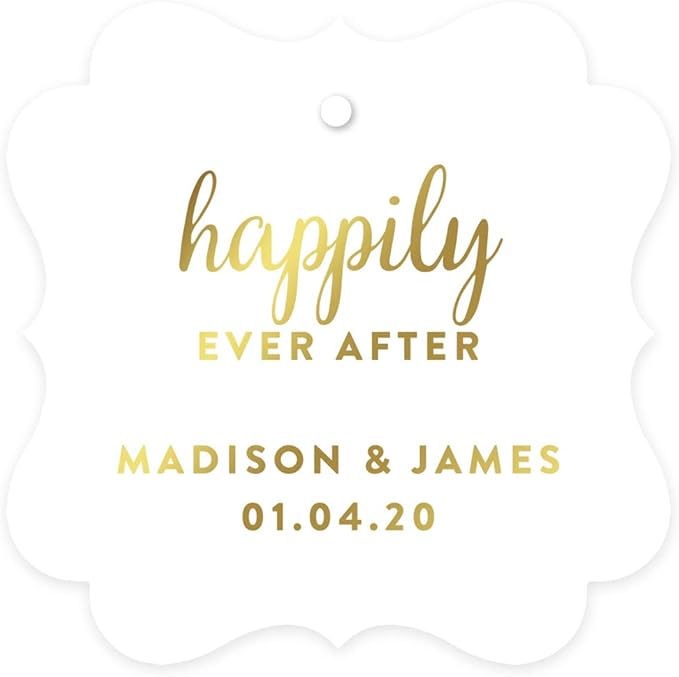 Andaz Press Personalized Fancy Frame Square Wedding Gift Tags, Metallic Gold Ink, Happily Ever After, 24-Pack, Custom Made Any Name