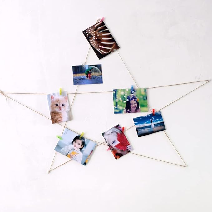 100pcs Mini Clear Hanging Photo Clips + 30m Twine for Picture Display, Arts & Crafts - Plastic Clothespins, Paper Peg Pin Craft Clips (Multi-Color)
