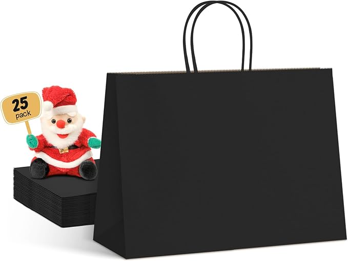 METRONIC 25 Pack Large Black Paper Gift Bags 16X6X12 Inches, Shopping Kraft Paper Bag with Handles, Small Business, Boutique, Gift Wrap, Bulk