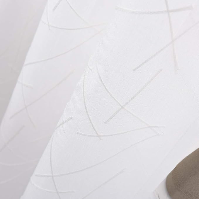 White Sheer Curtains 45 Inch Length, Modern Geometric Embroidery Sheer Rod Pocket Voile Drapes for Living room, Bedroom, Window Treatments Semi Curtain Panels for Villa, Set of 2, 52"x 45".