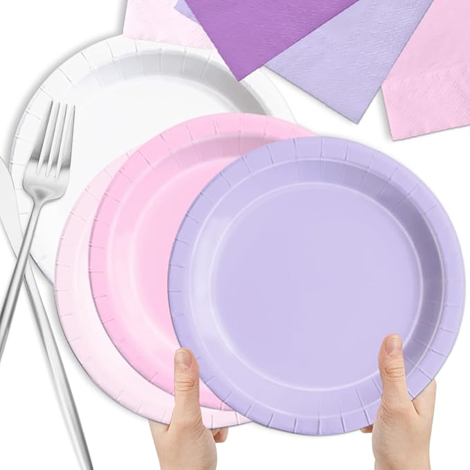 Disposable Paper Party Plates and Napkins, 150 Pcs Pink and Purple Set