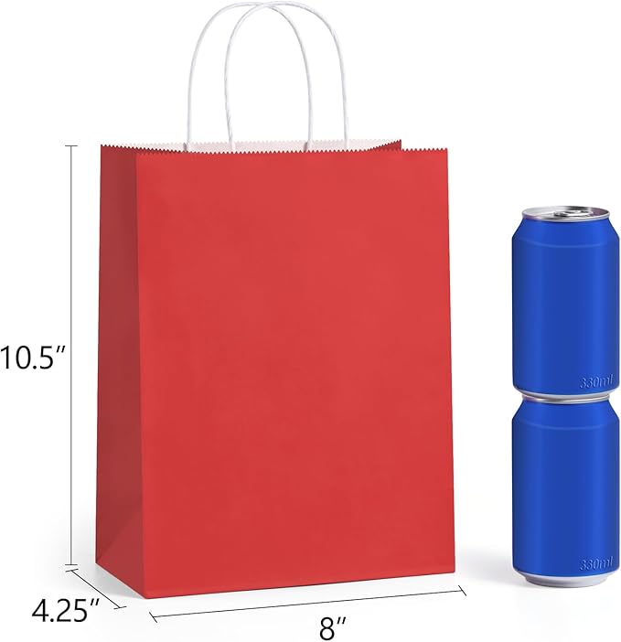 Gift Bags, Red Paper, 100 Count, 8 x 4.25 x 10.5 Inch