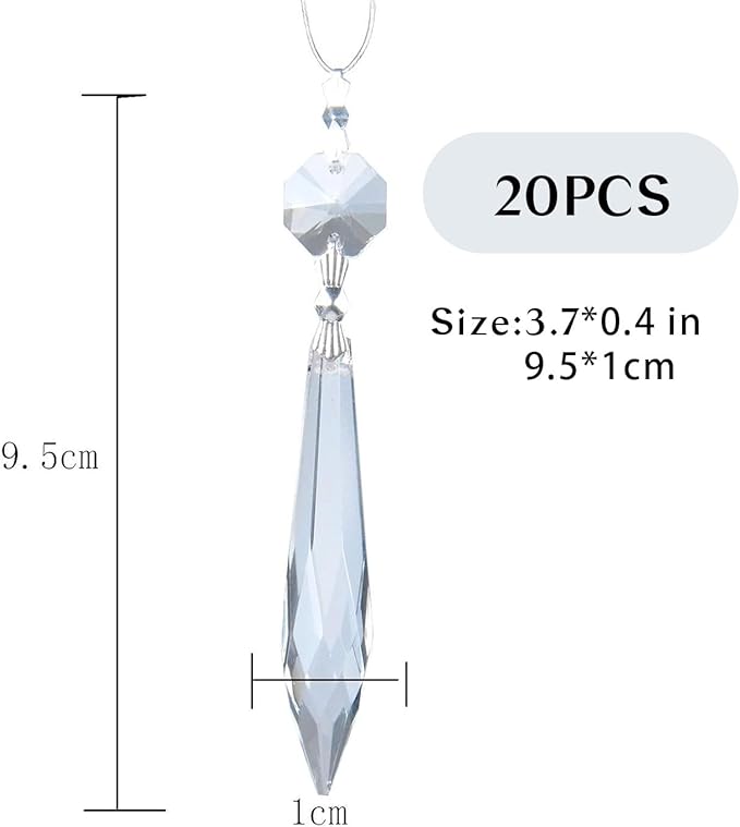 HDCRYSTALGIFTS 20Pcs Chandelier Icicle Crystal Prisms with Bead Crystals Lighting Lamp Replacement Parts (63mm, Clear)
