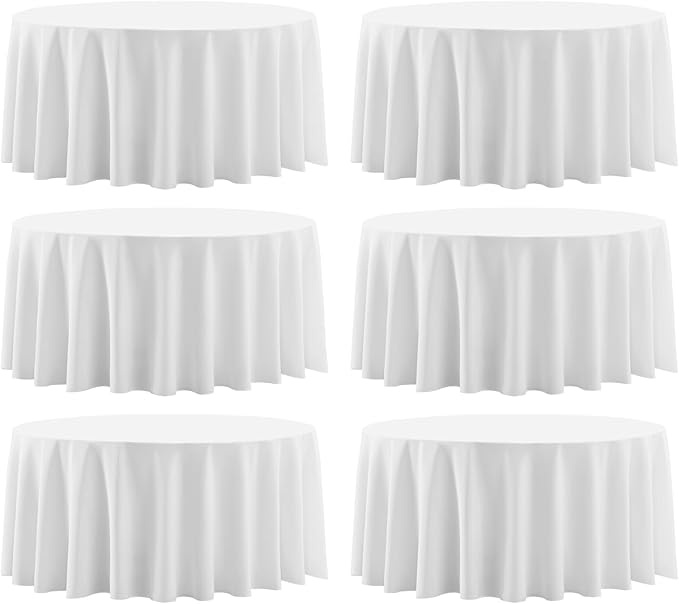 Round Polyester Tablecloths, 120 Inch White, Machine Washable, 6 Pack