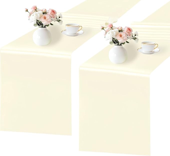 SHEJIZE 2 Pack White Satin Table Runner 12x108 Inches Long, Bright Silky Smooth Satin Table Runner Table Decor for Wedding Banquet Christmas Prom Event Birthday Party
