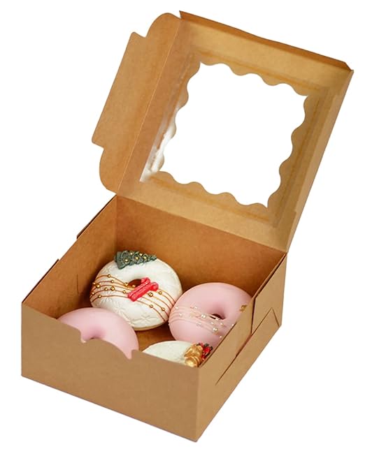 Bakepacker 100pcs Kraft Cookie Boxes 6x6x3 inches Easy Assemble Macaroon Pastry Boxes Bakery Boxes with Window for Bakery