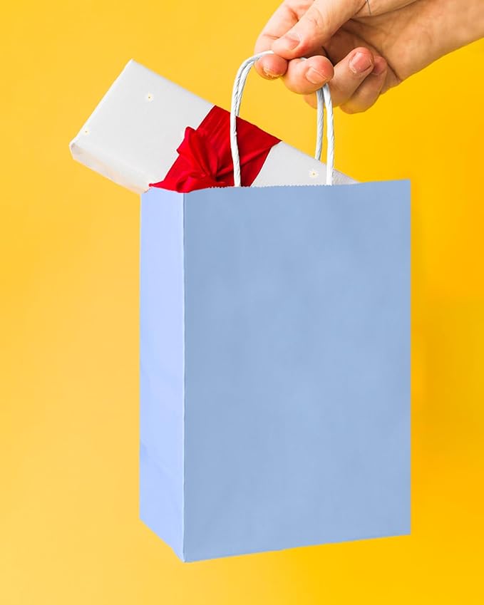 Bakepacker 100 Pcs Light Blue Mini Paper Gift Bags with Handles 6"x4.5"x2.5" Party Favor Bags Multiple Uses (Mini size)