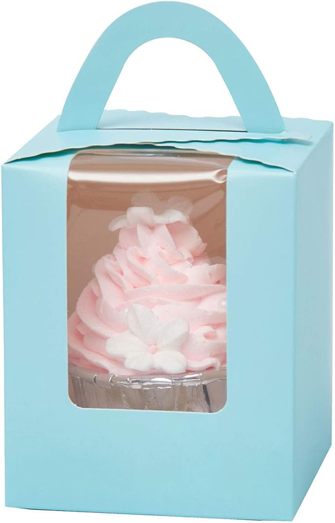 Cupcake Carriers 50 Pack Light Blue Auto-Pop Boxes with Holder Inserts