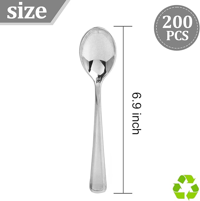 Silver Plastic Spoons, 200 Count Heavy-Duty Disposable Dessert Spoons