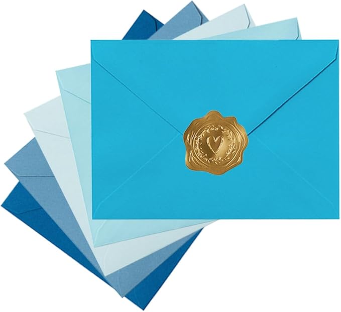 50 Pack Colored A6 Invitation Envelopes 4x6 with Gold Stickers for Cards and Invitations, 5 Colors (Blue, 6 1/2 x 4 3/4 inches)