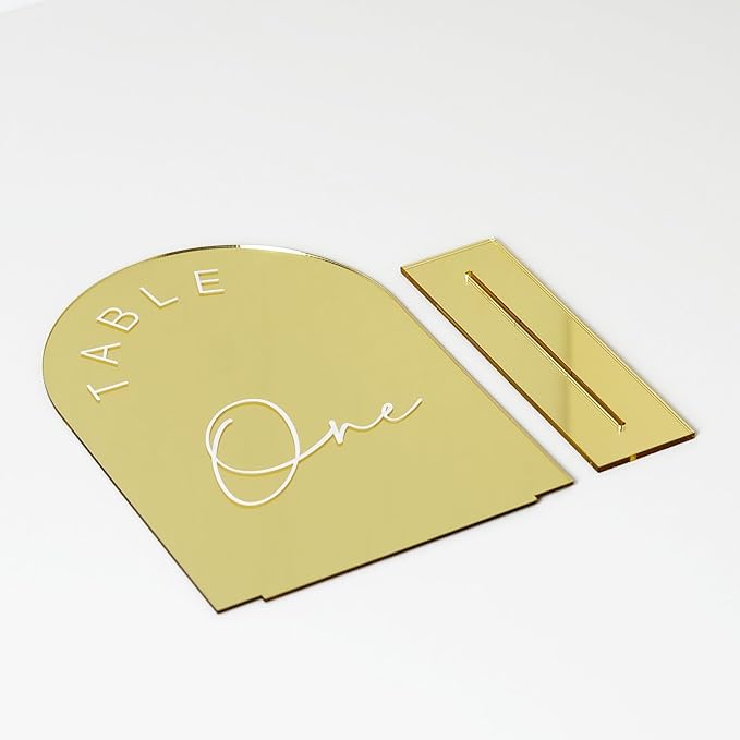 Place Cards: Gold Mirror Acrylic Arch Table Numbers 1-20, 5x7 Inch with Stands