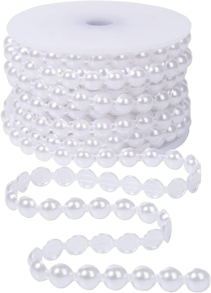 10mm Pearl Garland Half-Round 11 Yards Flat Craft Pearls Bead String Roll Strand for Wedding Party Christmas Tree Decoration (White)