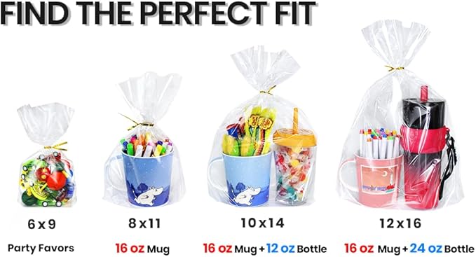 PigPotParty Cellophane Treat Bags 7"x10", 100 Pack Clear Goodie Bags, 3.2" Bottom Gusset for Stand-Up Display, Small Plastic Gift Wrap for Cookies, Candy, Party Favors, Popcorn, Includes 100 Ties