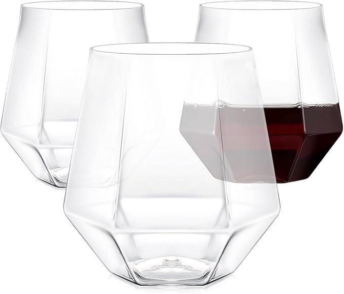 40 Pcak Plastic Stemless Wine cocktail Whiskey Champagne Glasses, 12 Oz Disposable Clear Unbreakable Cups for Party Bars Wedding Tasting (Diamond-shaped)