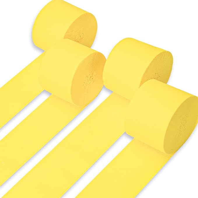 PartyWoo Light Yellow Crepe Paper Streamers 4pcs 328ft Pack of Pastel Pale Yellow Crepe Paper Streamers for Birthday Graduation Engagement Baby Shower Summer Sunflower Little Cutie Party Decorations