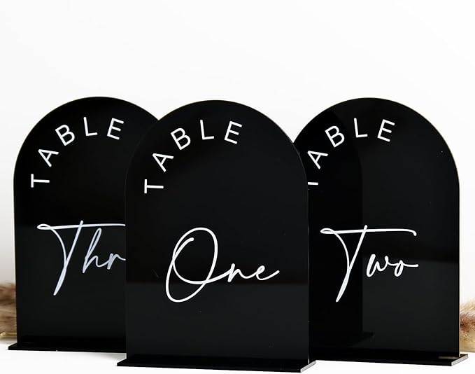 Place Cards: Black Acrylic Arch Table Numbers 1-15, 5x7 Inch with Stands