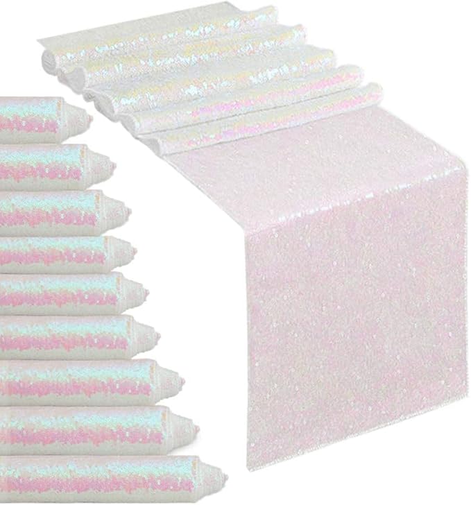 White Iridescent Sequin Table Runners 10 Pieces 12x108 Inches Glitter Table Cover for Wedding Birthday Banquet Party Table Decorations