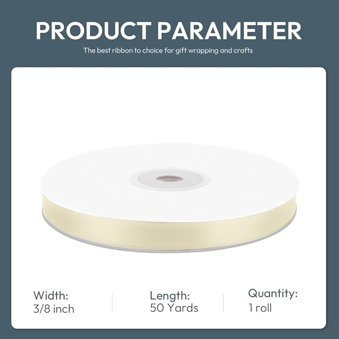 KMER LIFE 3/8/ Wide x 50 Yards Ivory Single Faced Polyester Satin Ribbon, Ivory Satin Ribbon Perfect for Wedding Decor, Wreath, Crafts, Gift Wrapping & Other Projects (Ivory)