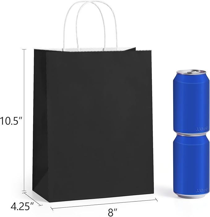 Gift Bags with Handles, 100 Count Black Paper, 8 x 4.25 x 10.5 Inches