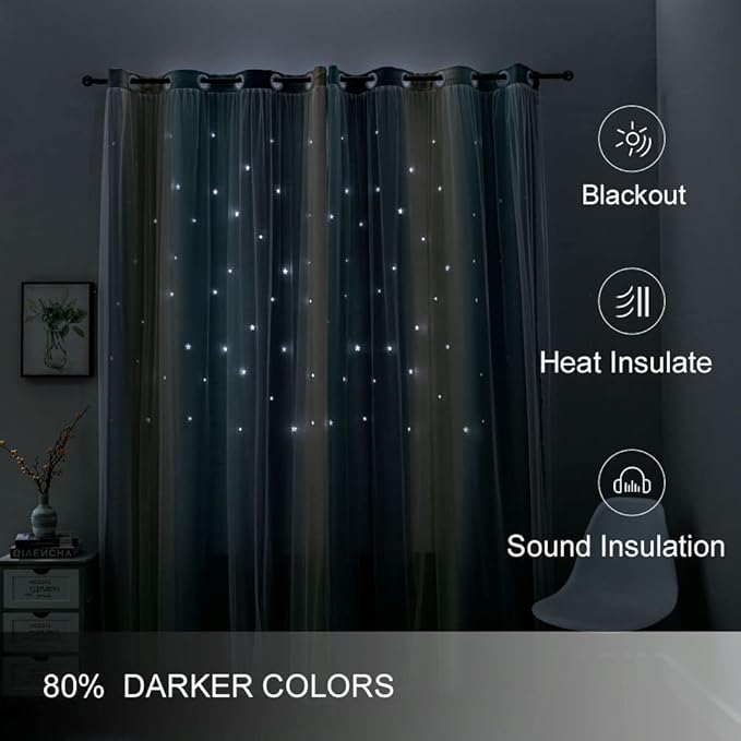 FANLI Ombre Rainbow Blackout Curtains for Kid Girls Bedroom Living Room Darking Stripe Double Layer Star Cut Out Wall Home Decor Gradient Grommet Window Curtains (Blue/Yellow, 52W x 95L)