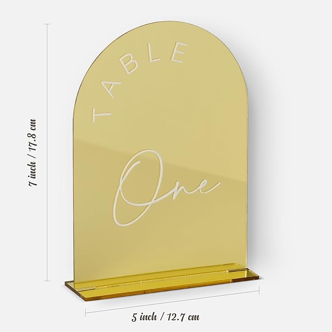 Place Cards: Gold Mirror Acrylic Arch Table Numbers 1-20, 5x7 Inch with Stands