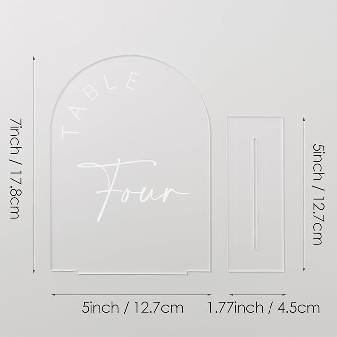Table Number Signs 1-25 Frosted Acrylic Arch Design with Stands