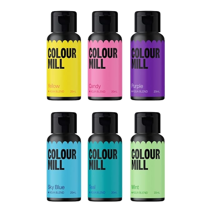 Colour Mill Pool Party Pack Aqua Blend Water-Based Food Coloring, 20 Milliliters Each of 6 Colors: Candy, Mint, Purple, Sky Blue, Teal and Yellow, 120.0 milliliters, 4.08 Fl Oz
