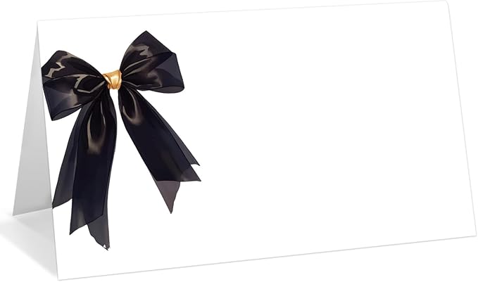 25 Pack Black Bow Place Cards, Editable Name Cards for Table Setting, Tent Cards Food Label for Dinner Party, Bridal Shower, Wedding, Baby Shower and Events -T29