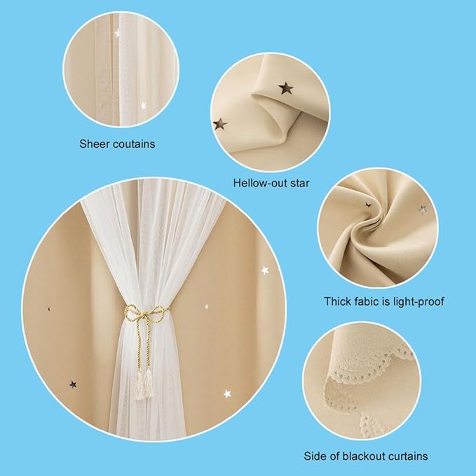 FANLI 2 Panels Star Blackout Curtains for Kid Girls Bedroom Living Room Darking Stripe Double Layer Star Cut Out Wall Home Decor Gradient Grommet Window Curtains (Beige 95L)