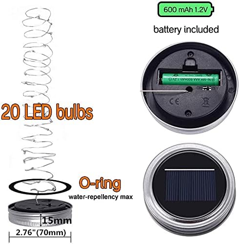 SunKite Solar Mason Jar Lights [Updated], 8 Pack 20 LED Waterproof Fairy Firefly Jar Lids String Lights with Hangers(NO Jars), Patio Yard Garden Wedding Decoration(Multi-Colored)