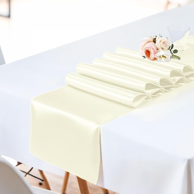 SHEJIZE 10 Pack White Satin Table Runner 12x108 Inches Long, Bright Silky Smooth Satin Table Runner Table Decor for Wedding Banquet Christmas Prom Event Birthday Party