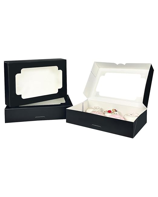 qiqee Auto-pop up Black Cookie Box with Window 12x8x2.5 inch 32 Packs Two Uses One Second Folding Pastry Biscuit Bakery Box for Packaging