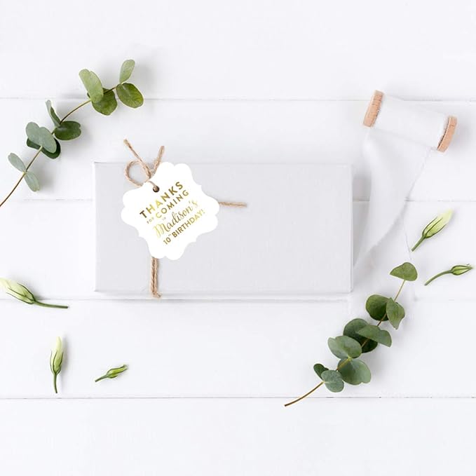 Andaz Press Personalized Fancy Frame Square Birthday Gift Tags, Metallic Gold Ink, Thanks for Coming to Madison's 10th Birthday Block Style, 24-Pack, Custom Made Name Age